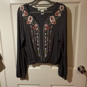 Youth In Revolt Grey Long Sleeve Graphic Embroidery Print Peasant Top